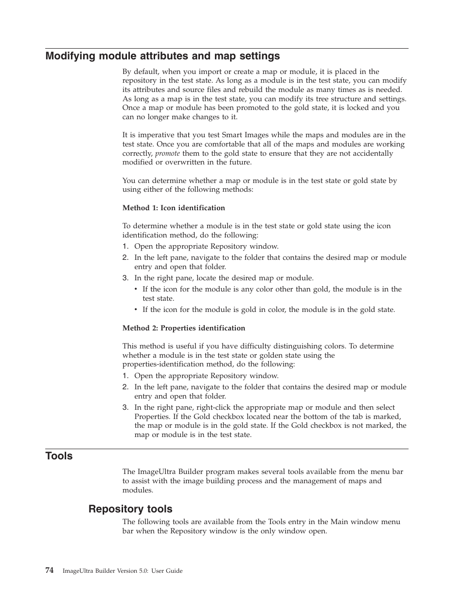 Modifying module attributes and map settings, Tools, Repository tools | Lenovo ThinkVantage ImageUltra Builder Version 5.0 User Manual | Page 88 / 222