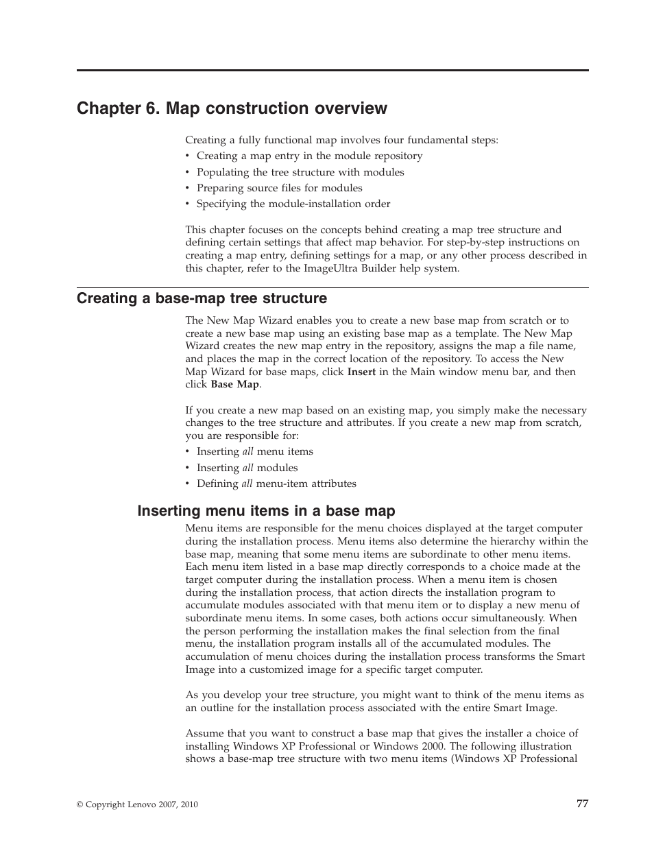 Chapter 6. map construction overview, Creating a base-map tree structure, Inserting menu items in a base map | Lenovo ThinkVantage ImageUltra Builder Version 5.0 User Manual | Page 91 / 222