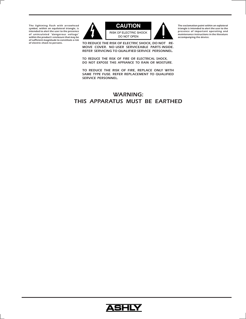 Warning: this apparatus must be earthed, Caution | Ashly DPX-100 User Manual | Page 3 / 20
