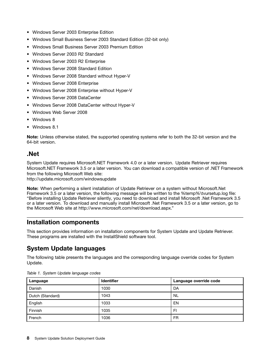 Installation components, System update languages | Lenovo System Update Solution User Manual | Page 14 / 94