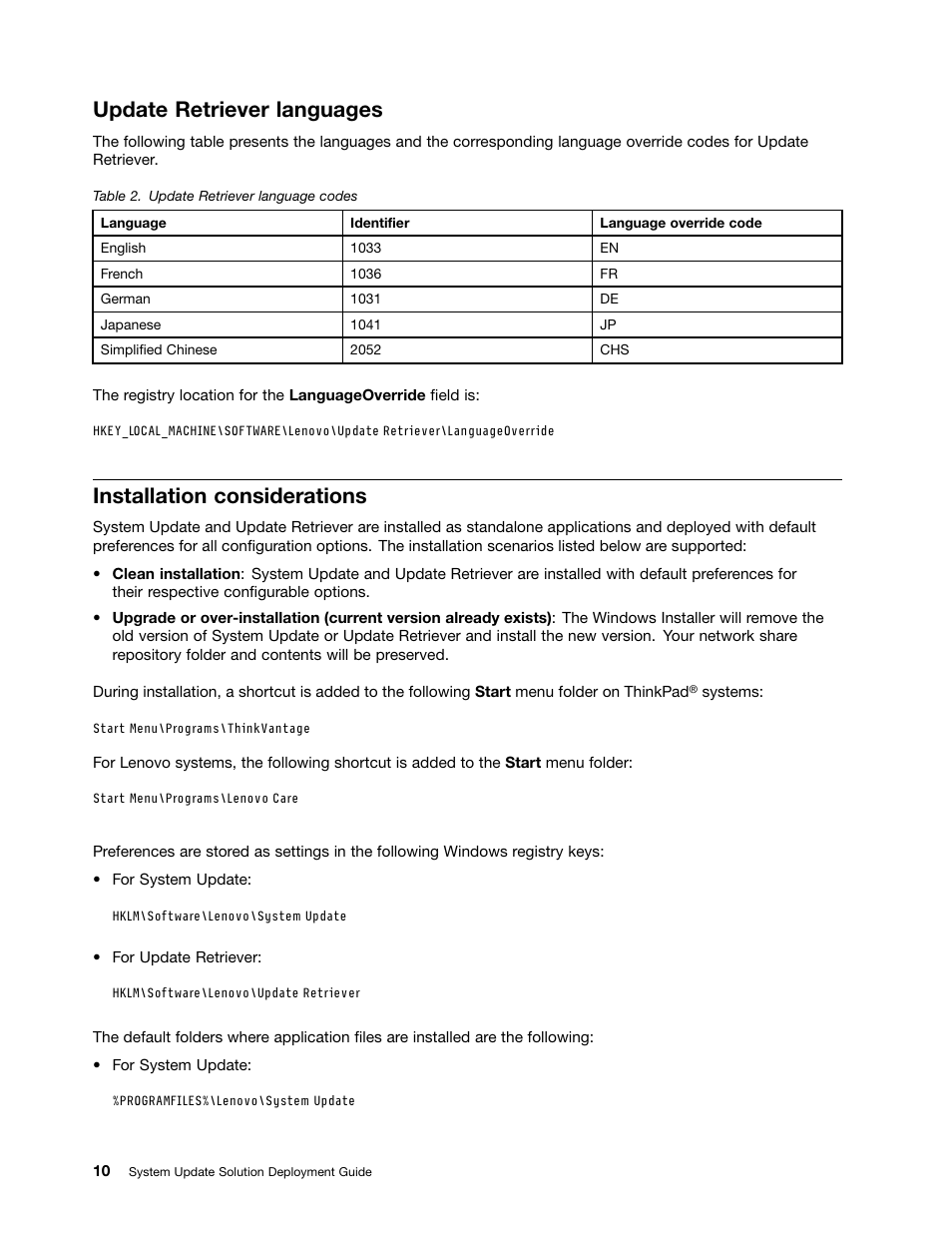 Update retriever languages, Installation considerations | Lenovo System Update Solution User Manual | Page 16 / 94