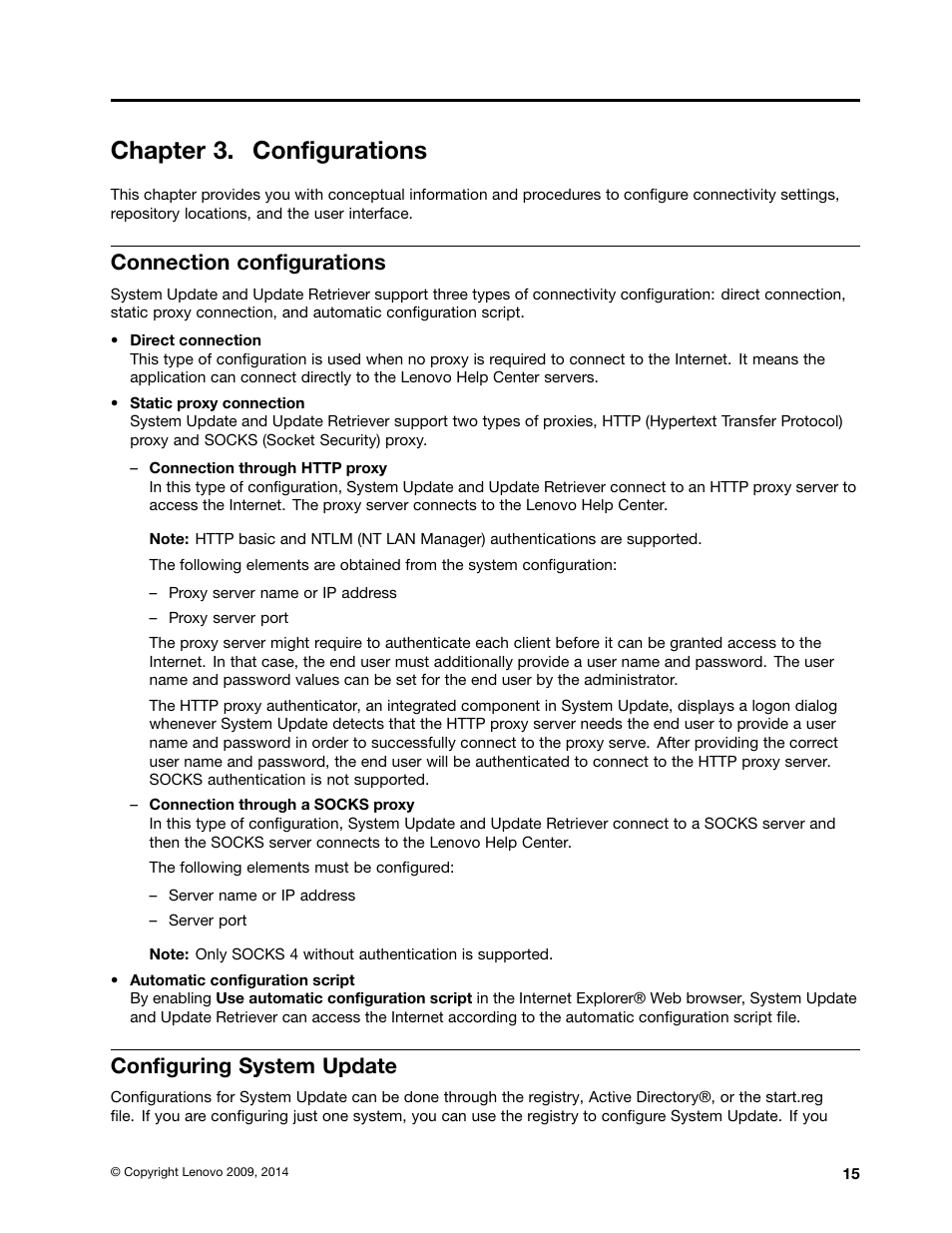 Chapter 3. configurations, Connection configurations, Configuring system update | Lenovo System Update Solution User Manual | Page 21 / 94