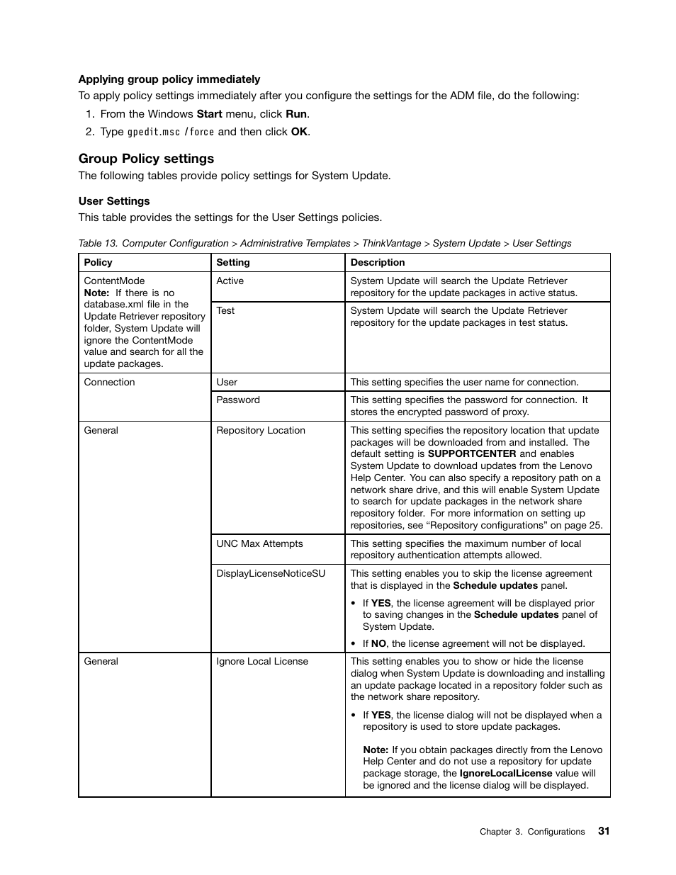 Group policy settings | Lenovo System Update Solution User Manual | Page 37 / 94