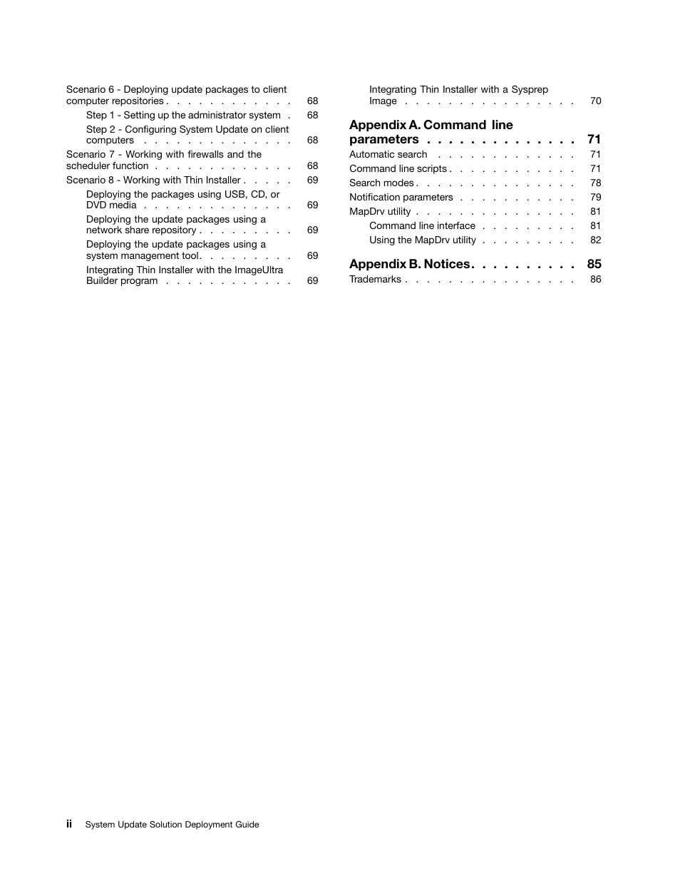 Appendix a. command line parameters, Appendix b. notices | Lenovo System Update Solution User Manual | Page 4 / 94