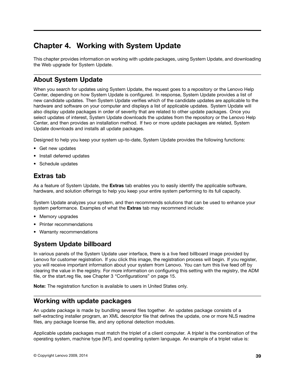 Chapter 4. working with system update, About system update, Extras tab | System update billboard, Working with update packages | Lenovo System Update Solution User Manual | Page 45 / 94