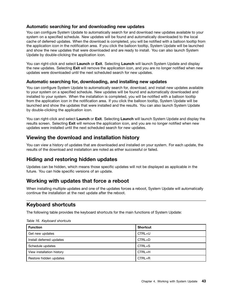 Viewing the download and installation history, Hiding and restoring hidden updates, Working with updates that force a reboot | Keyboard shortcuts | Lenovo System Update Solution User Manual | Page 49 / 94