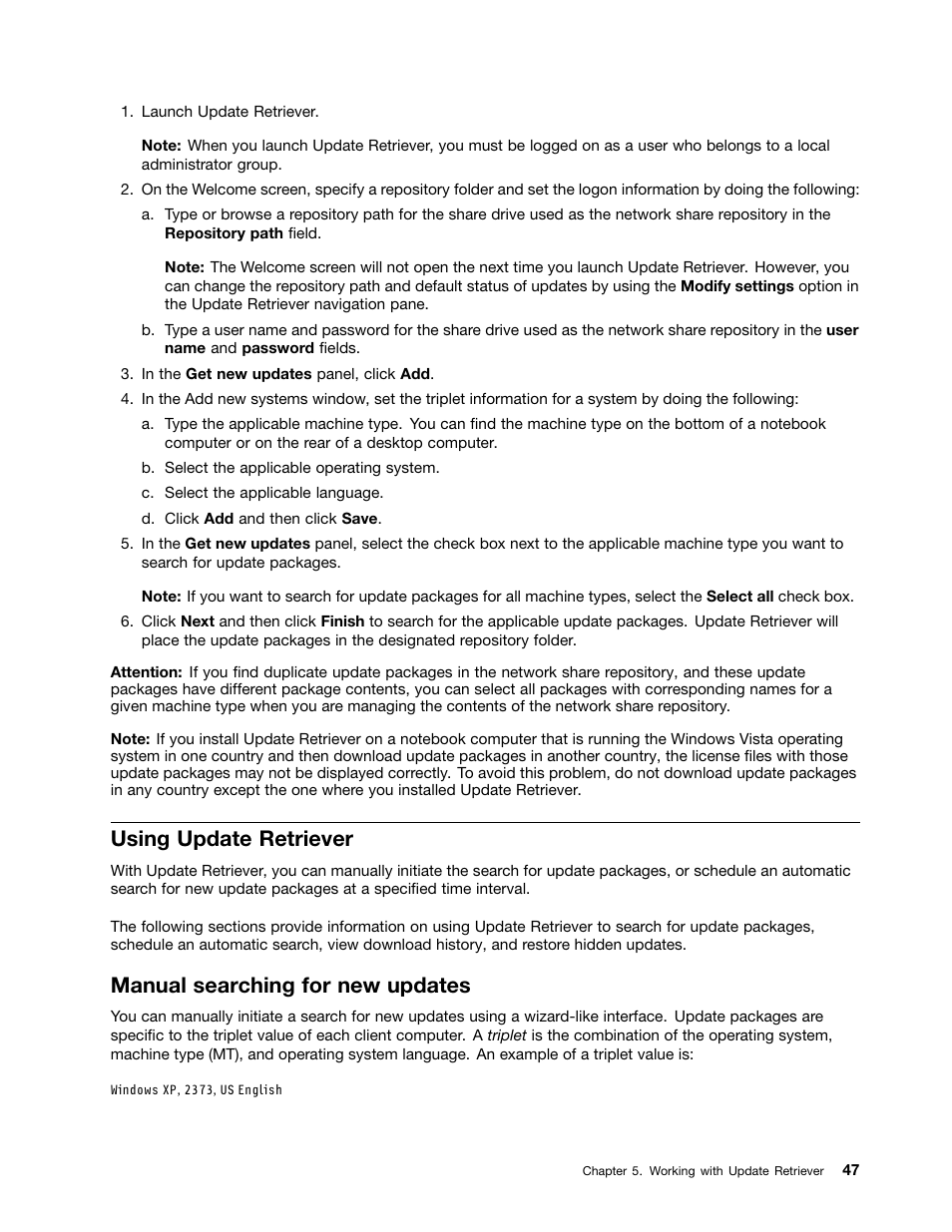 Using update retriever, Manual searching for new updates | Lenovo System Update Solution User Manual | Page 53 / 94