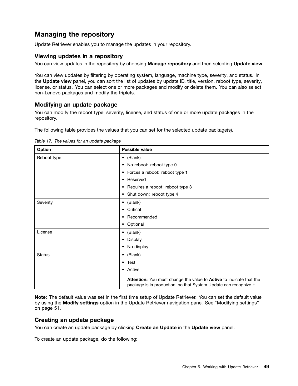 Managing the repository, Viewing updates in a repository, Modifying an update package | Creating an update package | Lenovo System Update Solution User Manual | Page 55 / 94