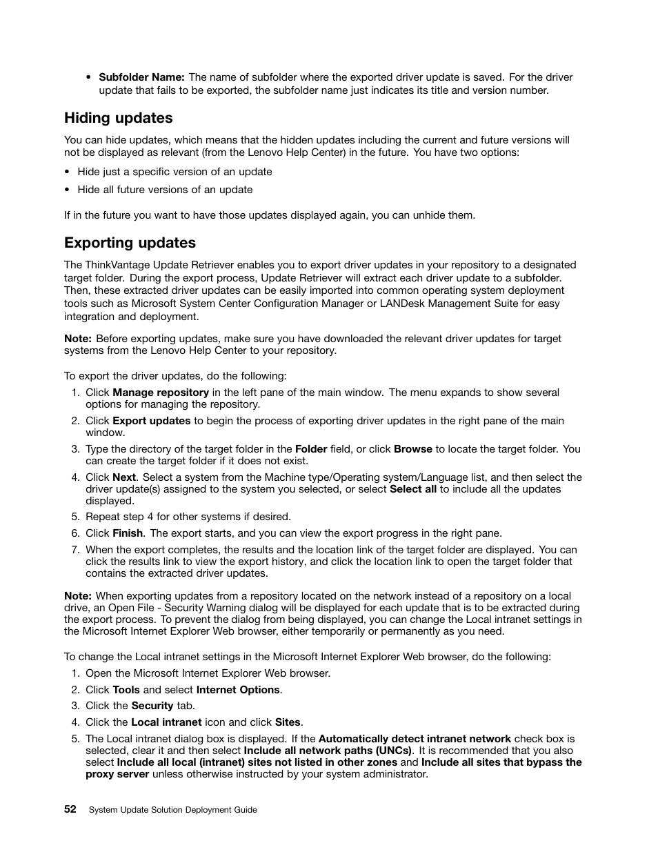 Hiding updates, Exporting updates | Lenovo System Update Solution User Manual | Page 58 / 94