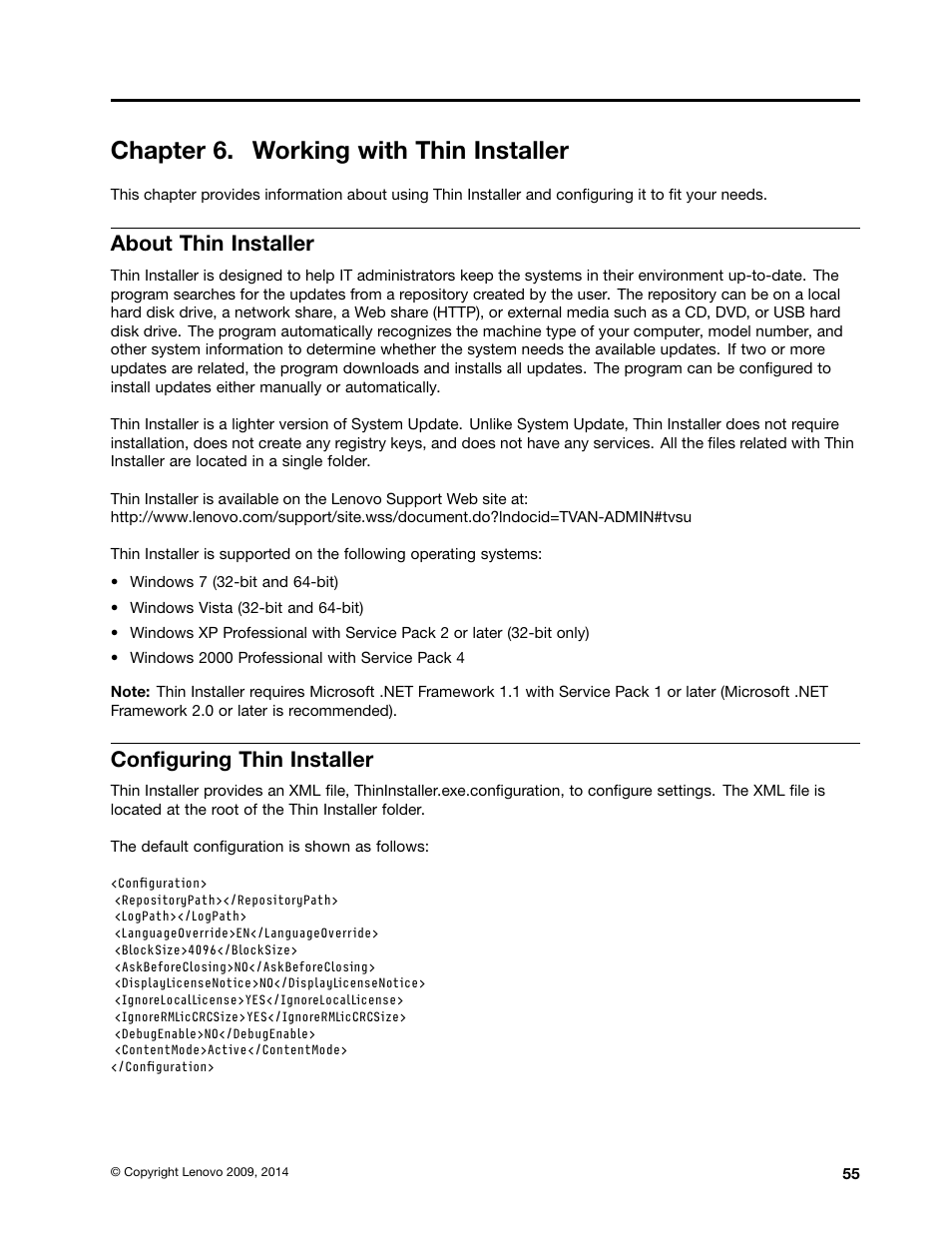 Chapter 6. working with thin installer, About thin installer, Configuring thin installer | Lenovo System Update Solution User Manual | Page 61 / 94