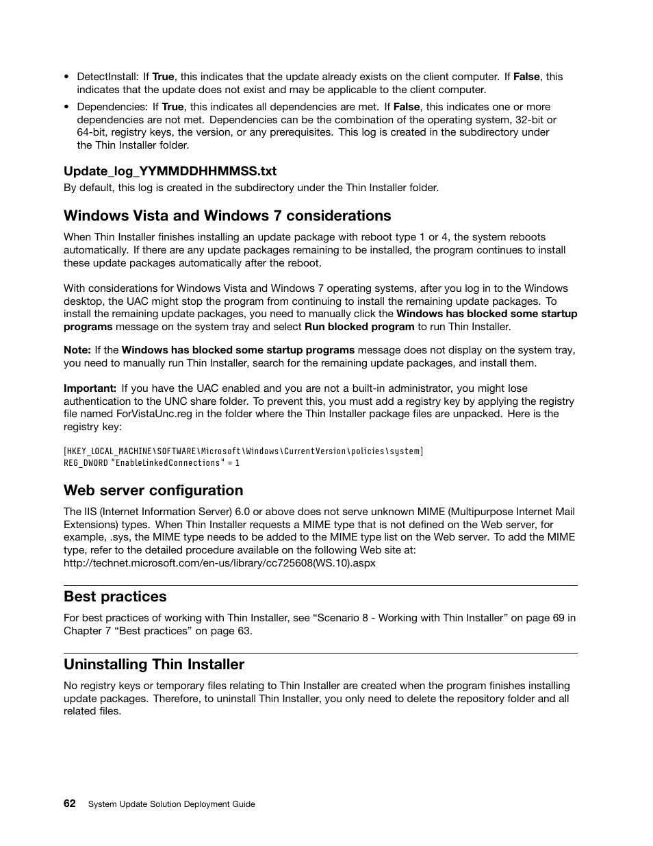 Windows vista and windows 7 considerations, Web server configuration, Best practices | Uninstalling thin installer | Lenovo System Update Solution User Manual | Page 68 / 94