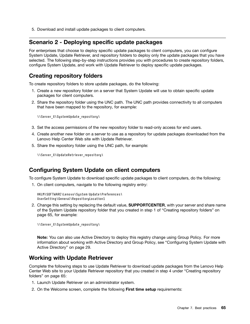 Scenario 2 - deploying specific update packages, Creating repository folders, Configuring system update on client computers | Working with update retriever | Lenovo System Update Solution User Manual | Page 71 / 94