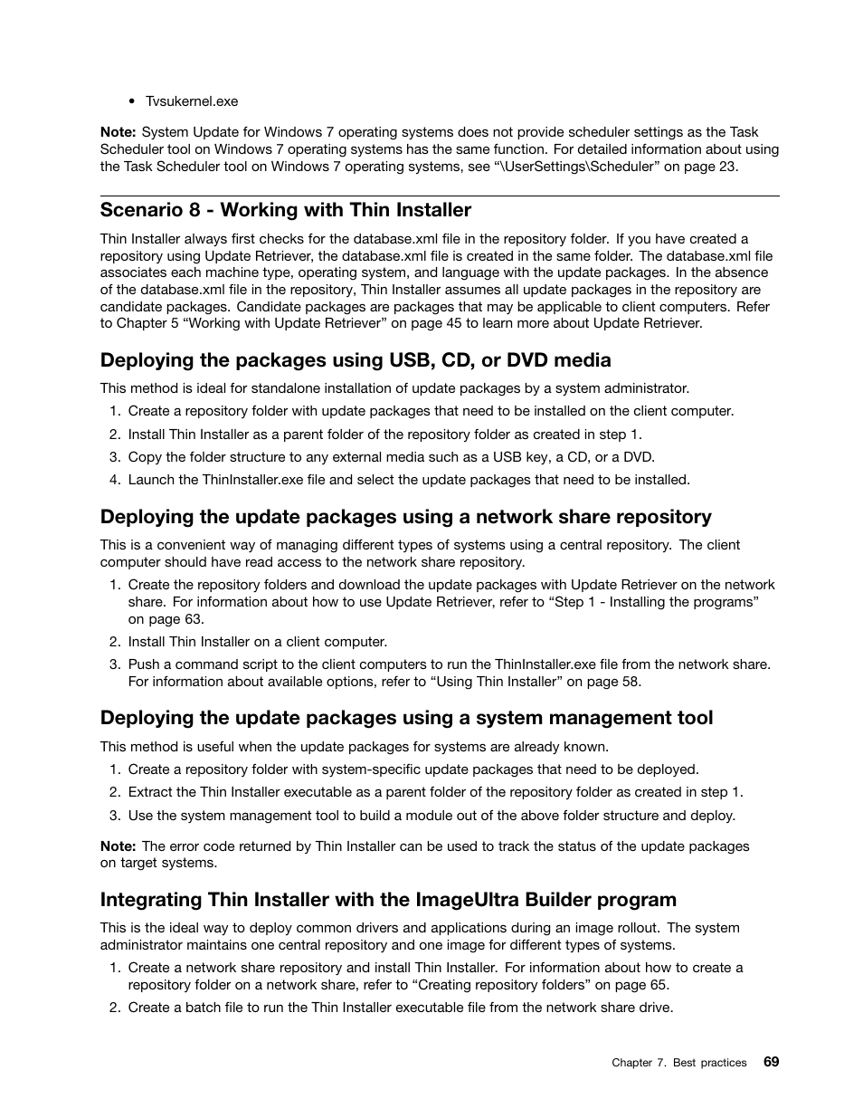 Scenario 8 - working with thin installer, Deploying the packages using usb, cd, or dvd media | Lenovo System Update Solution User Manual | Page 75 / 94