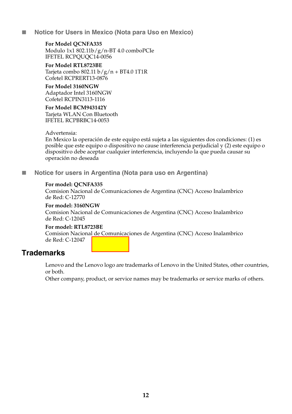 Trademarks | Lenovo G40-70 Notebook Lenovo User Manual | Page 12 / 12