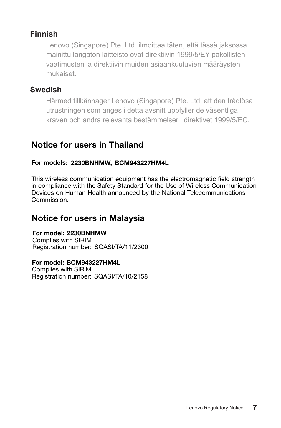 Notice for users in thailand, Notice for users in malaysia | Lenovo S710 All-in-One User Manual | Page 8 / 9