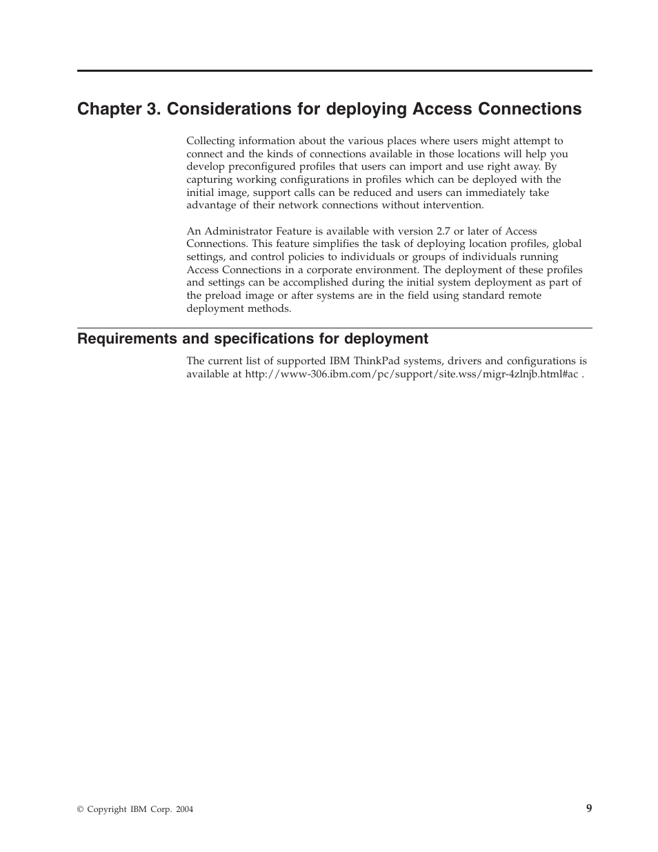 Requirements and specifications for deployment, Chapter, Considerations | Deploying, Access, Connections, Requirements, Specifications, Deployment | Lenovo ThinkPad T41p User Manual | Page 15 / 28