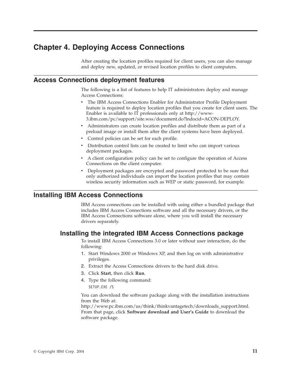 Chapter 4. deploying access connections, Access connections deployment features, Installing ibm access connections | Chapter, Deploying, Access, Connections, Deployment, Features, Installing | Lenovo ThinkPad T41p User Manual | Page 17 / 28