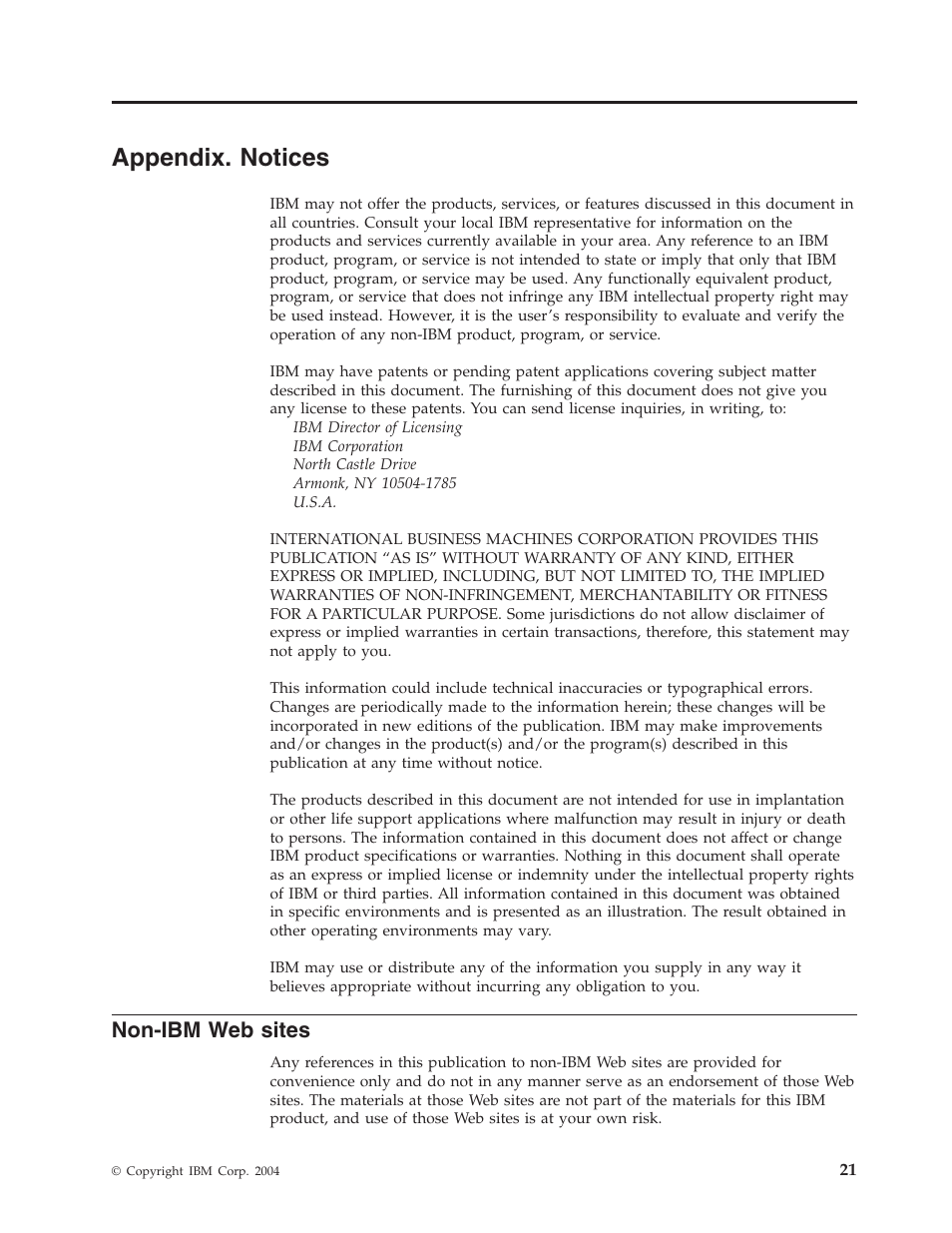 Appendix. notices, Non-ibm web sites, Appendix | Notices, Non-ibm, Sites | Lenovo ThinkPad T41p User Manual | Page 27 / 28