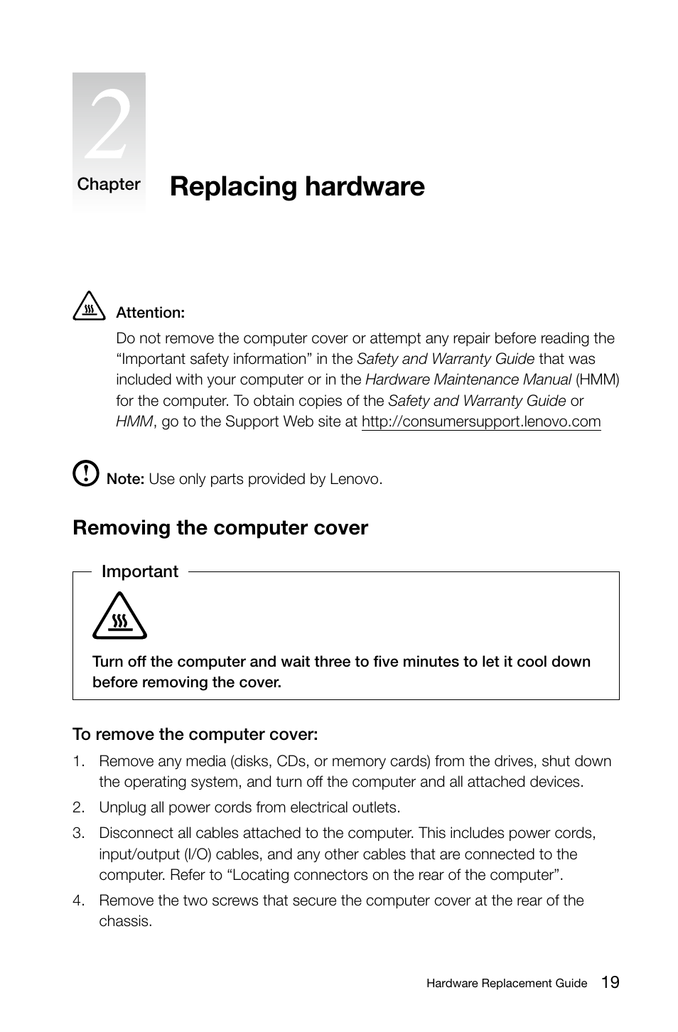 Replacing hardware, Removing the computer cover | Lenovo H420 Desktop User Manual | Page 24 / 39