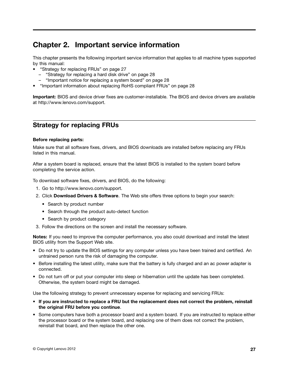 Chapter 2. important service information, Strategy for replacing frus | Lenovo V580c Notebook User Manual | Page 33 / 114