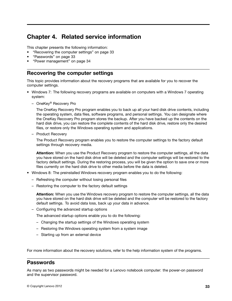 Chapter 4. related service information, Recovering the computer settings, Passwords | Lenovo V580c Notebook User Manual | Page 39 / 114