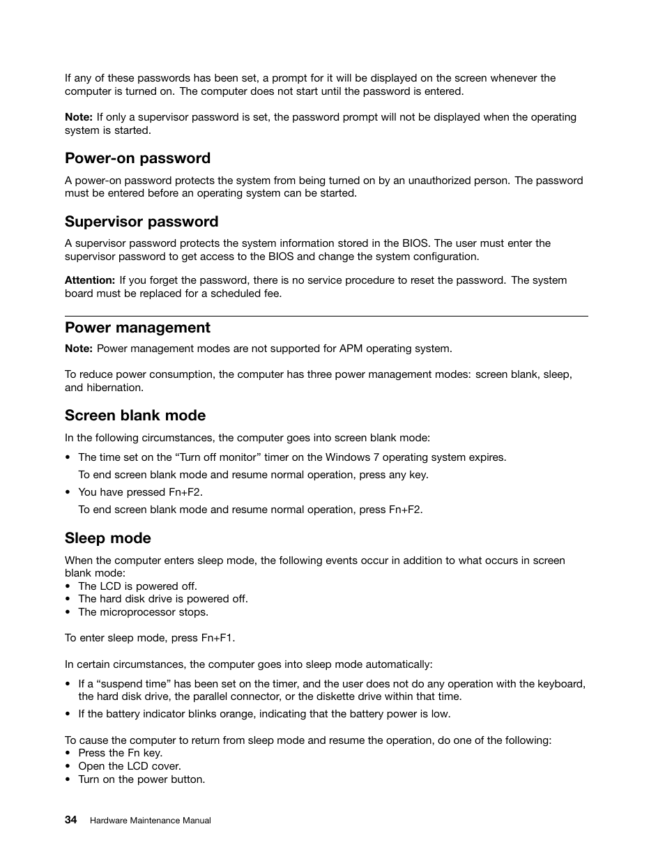 Power-on password, Supervisor password, Power management | Screen blank mode, Sleep mode | Lenovo V580c Notebook User Manual | Page 40 / 114