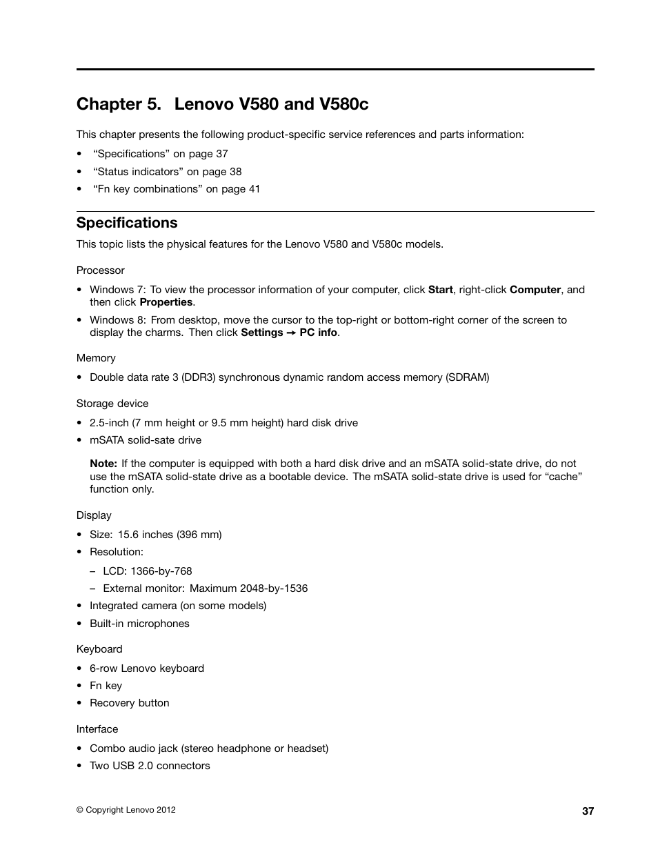 Chapter 5. lenovo v580 and v580c, Specifications | Lenovo V580c Notebook User Manual | Page 43 / 114