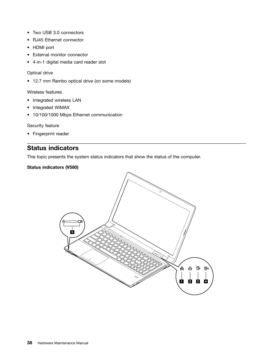 Status indicators | Lenovo V580c Notebook User Manual | Page 44 / 114