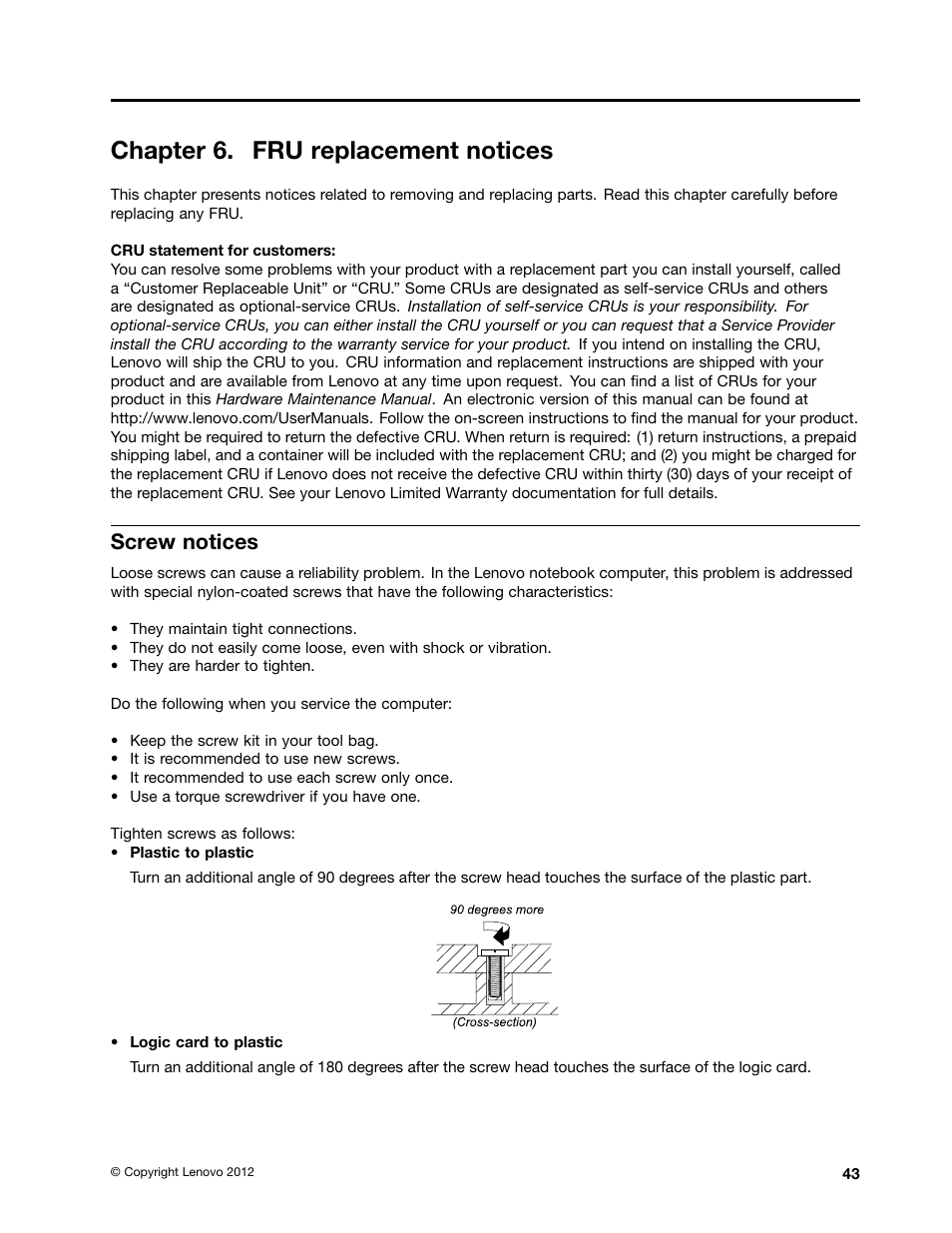 Chapter 6. fru replacement notices, Screw notices | Lenovo V580c Notebook User Manual | Page 49 / 114