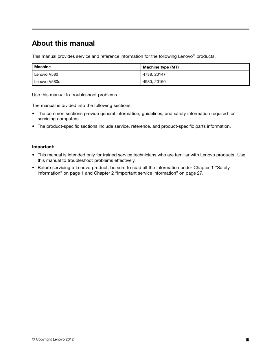 About this manual | Lenovo V580c Notebook User Manual | Page 5 / 114