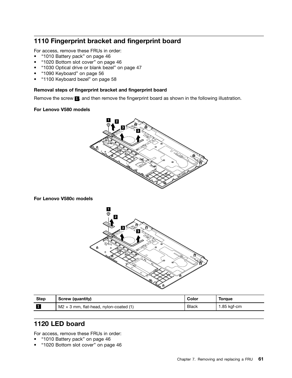 1110 fingerprint bracket and fingerprint board, 1120 led board | Lenovo V580c Notebook User Manual | Page 67 / 114