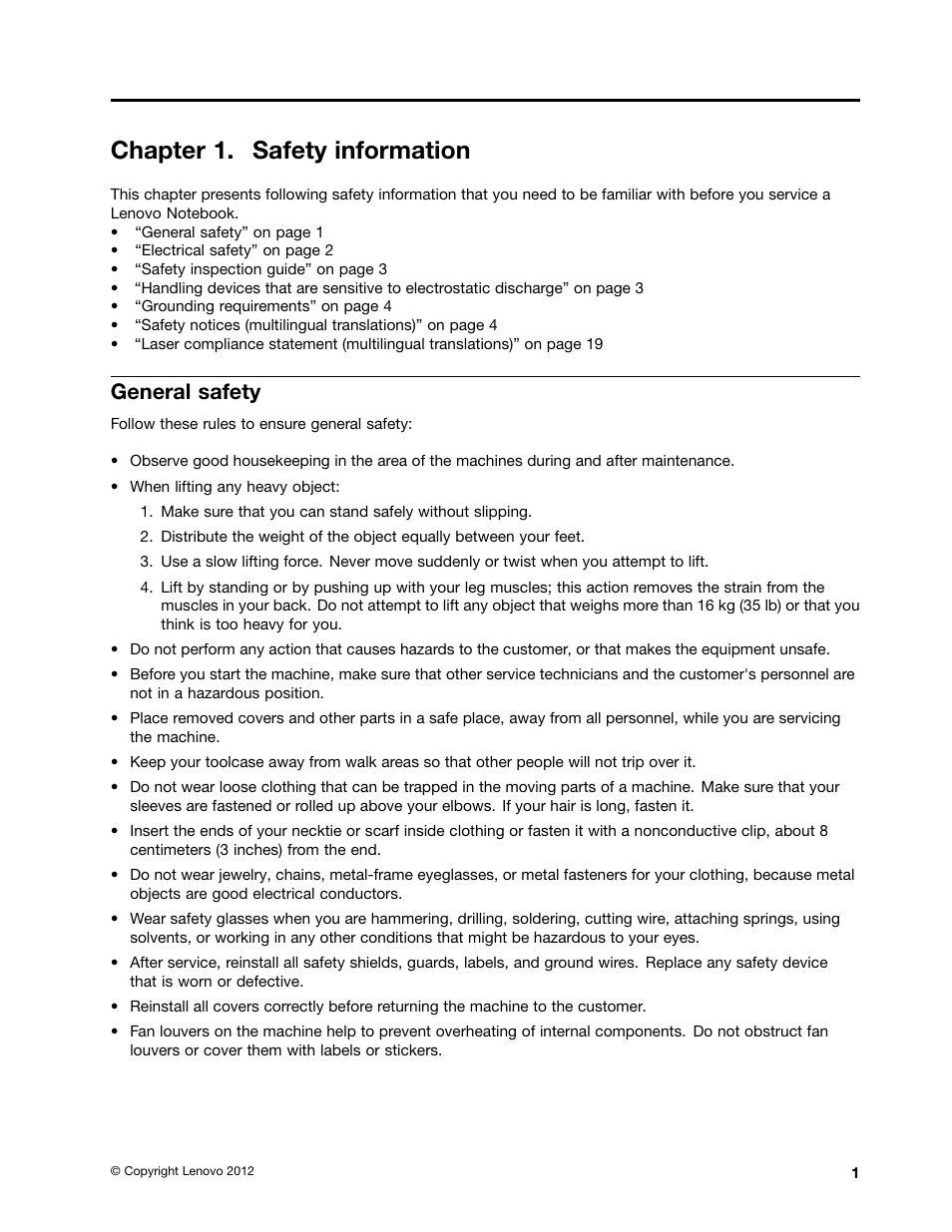 Chapter 1. safety information, General safety | Lenovo V580c Notebook User Manual | Page 7 / 114