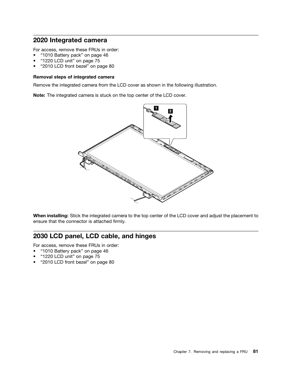 2020 integrated camera, 2030 lcd panel, lcd cable, and hinges | Lenovo V580c Notebook User Manual | Page 87 / 114