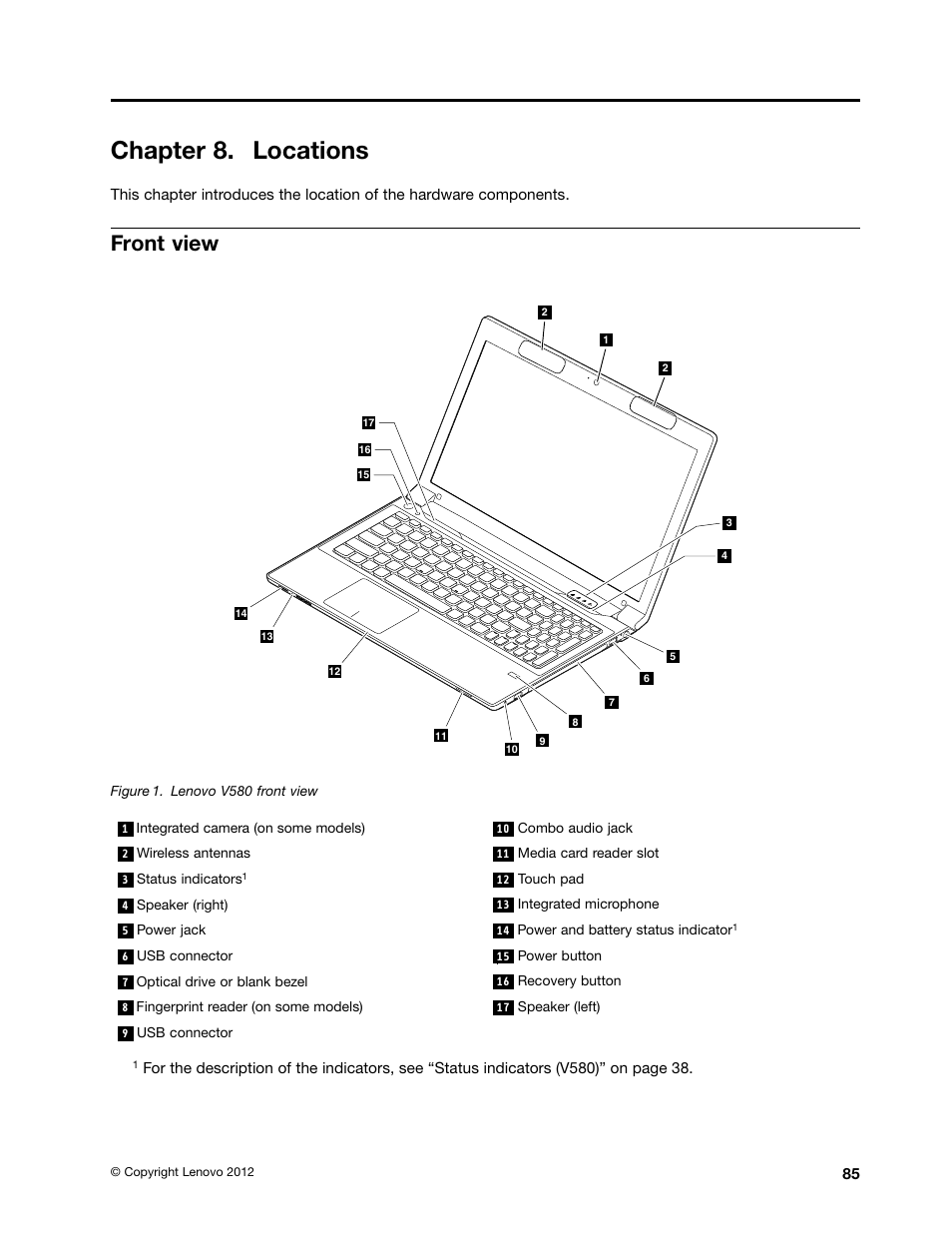 Chapter 8. locations, Front view | Lenovo V580c Notebook User Manual | Page 91 / 114