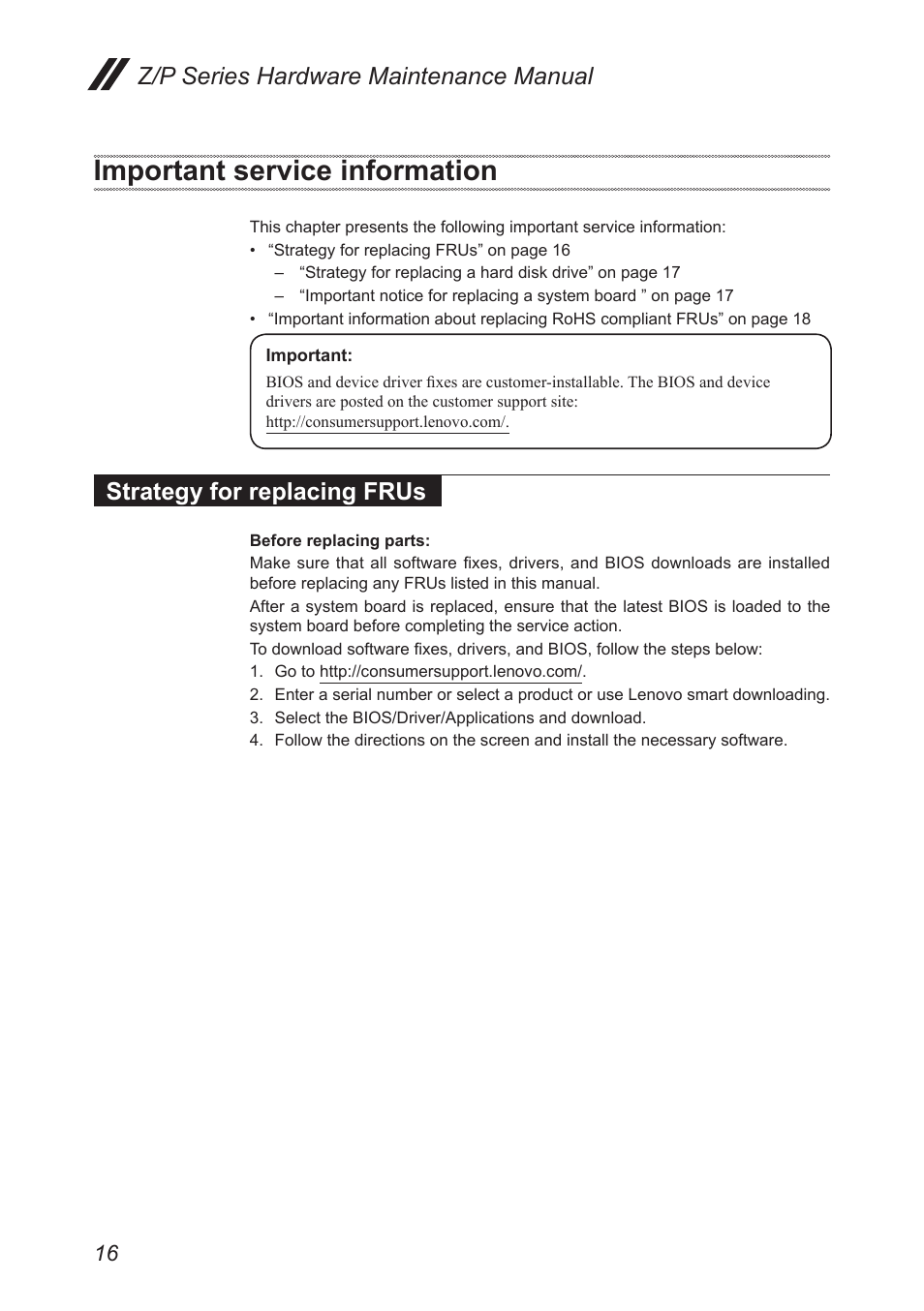 Important service information, Strategy for replacing frus, Z/p series hardware maintenance manual | Lenovo IdeaPad P500 Touch Notebook User Manual | Page 20 / 121