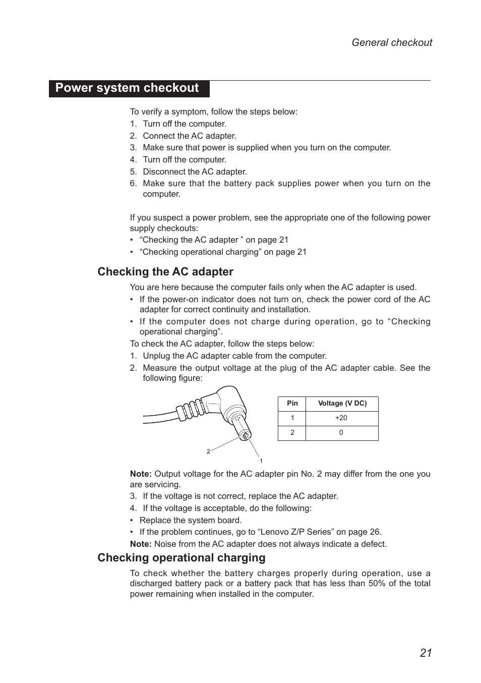Power system checkout, Checking the ac adapter, Checking operational charging | Lenovo IdeaPad P500 Touch Notebook User Manual | Page 25 / 121