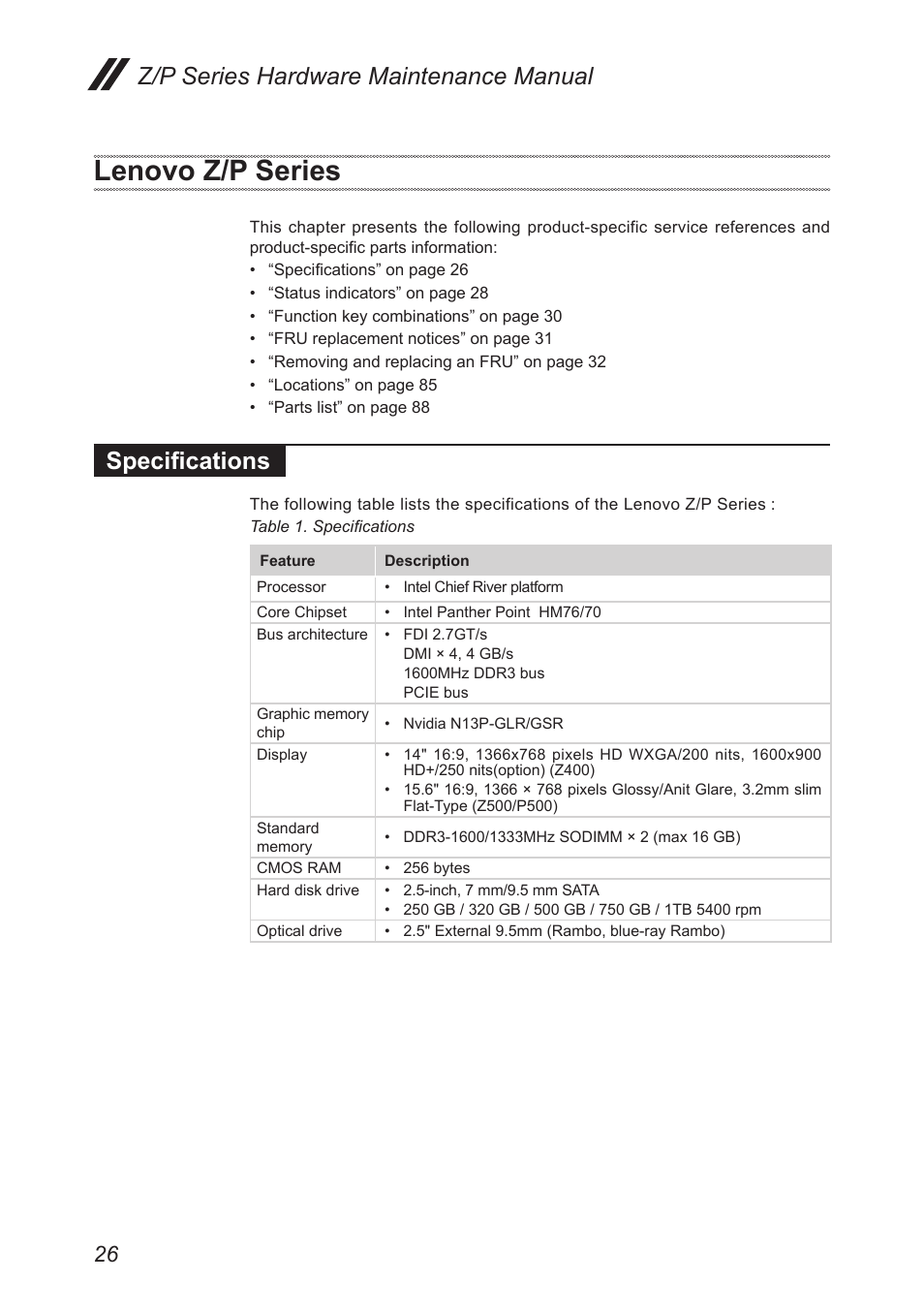 Lenovo z/p series, Specifications, Z/p series hardware maintenance manual | Lenovo IdeaPad P500 Touch Notebook User Manual | Page 30 / 121