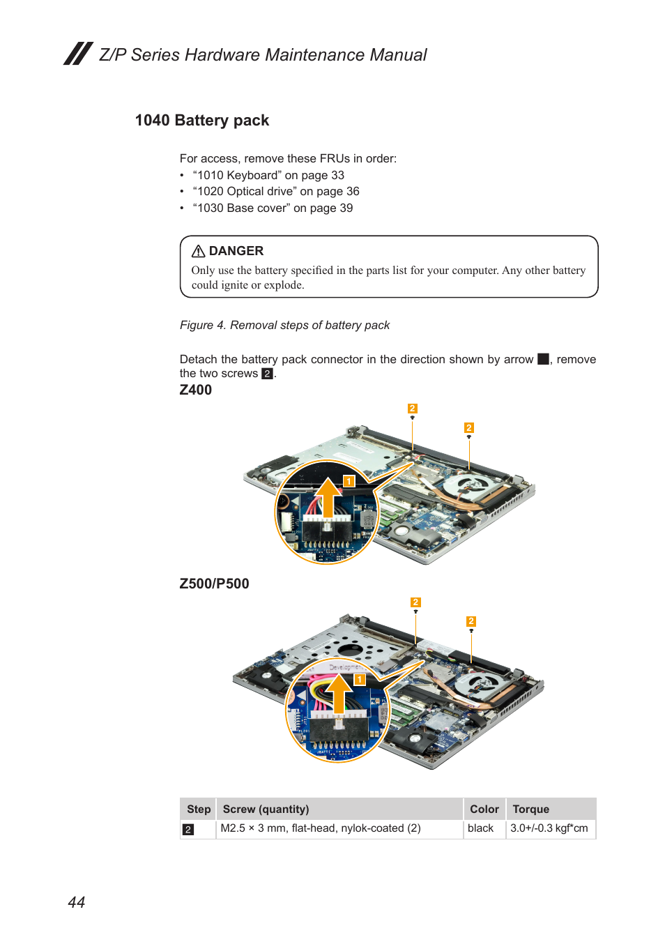 1040 battery pack, Z/p series hardware maintenance manual | Lenovo IdeaPad P500 Touch Notebook User Manual | Page 48 / 121