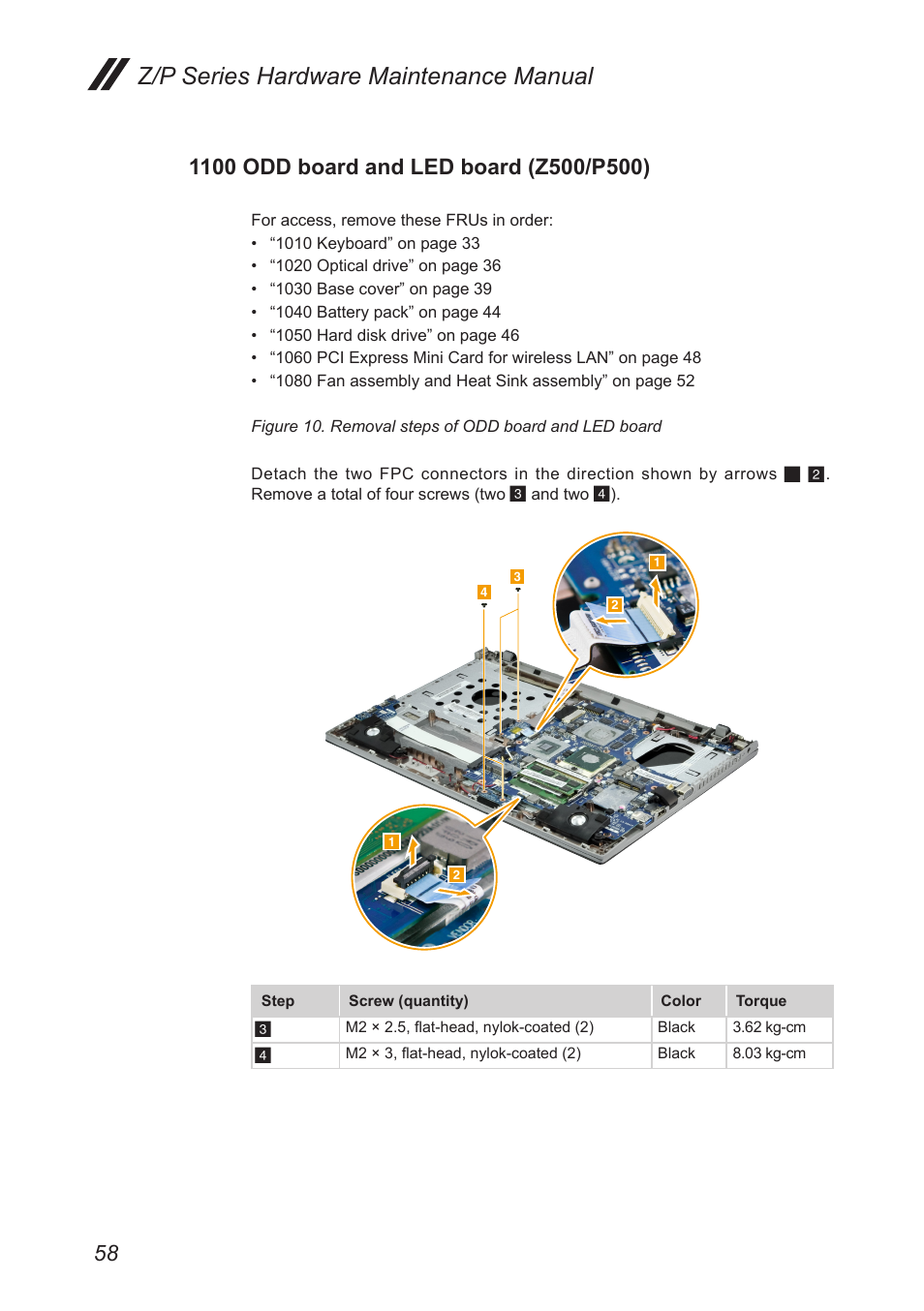 1100 odd board and led board (z500/p500), 1100 odd board and led board, Z500/p500) | Z/p series hardware maintenance manual | Lenovo IdeaPad P500 Touch Notebook User Manual | Page 62 / 121
