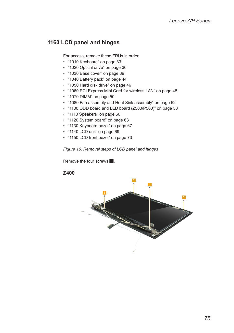 1160 lcd panel and hinges | Lenovo IdeaPad P500 Touch Notebook User Manual | Page 79 / 121