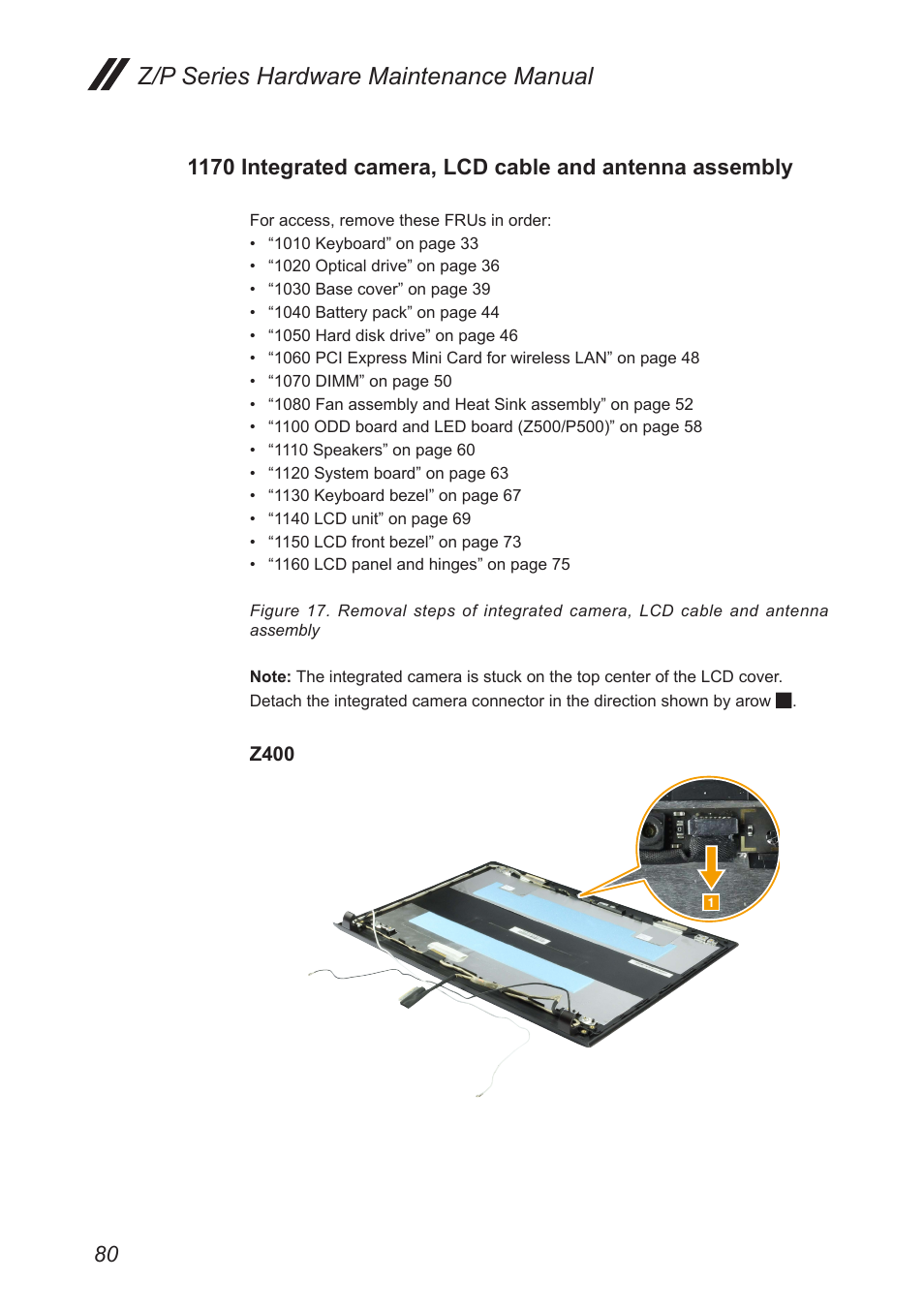 1170 integrated camera, lcd cable and, Antenna assembly, Z/p series hardware maintenance manual | Lenovo IdeaPad P500 Touch Notebook User Manual | Page 84 / 121