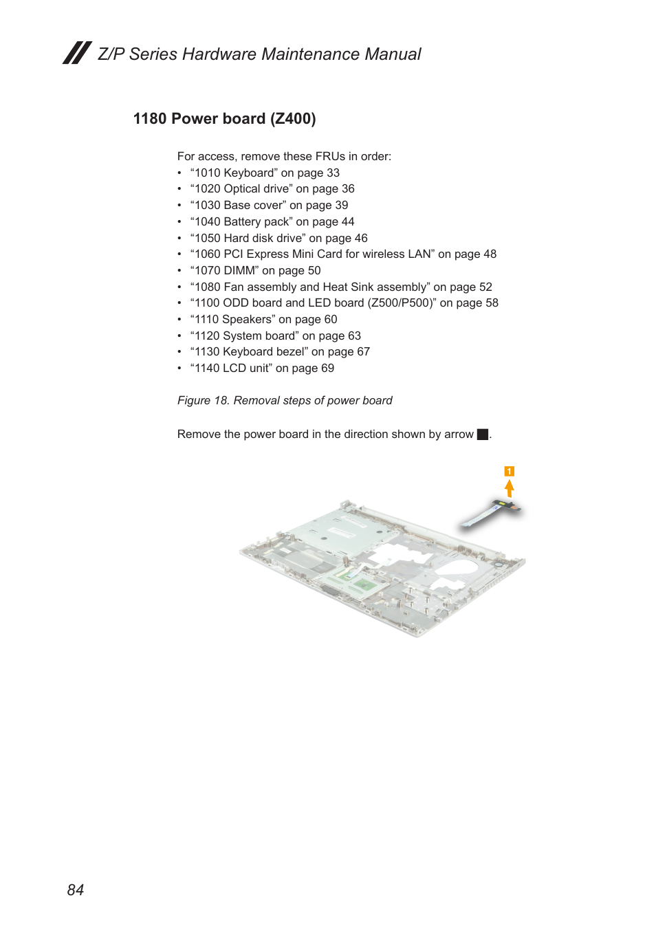 1180 power board (z400), Z/p series hardware maintenance manual | Lenovo IdeaPad P500 Touch Notebook User Manual | Page 88 / 121