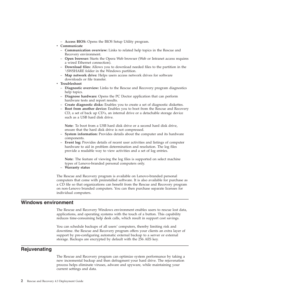 Windows environment, Rejuvenating | Lenovo ThinkVantage Rescue and Recovery 4.3 (Deployment Guide) User Manual | Page 10 / 96