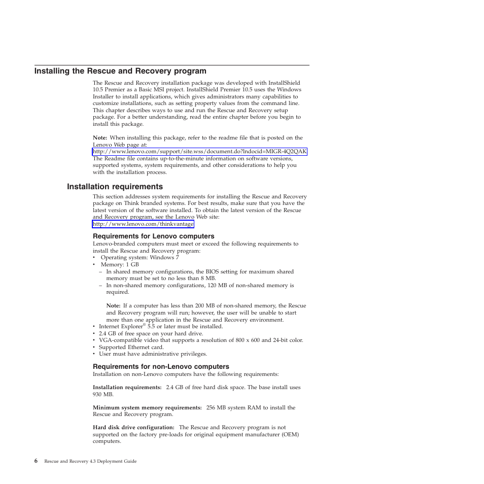 Installing the rescue and recovery program, Installation requirements, Requirements for lenovo computers | Requirements for non-lenovo computers | Lenovo ThinkVantage Rescue and Recovery 4.3 (Deployment Guide) User Manual | Page 14 / 96
