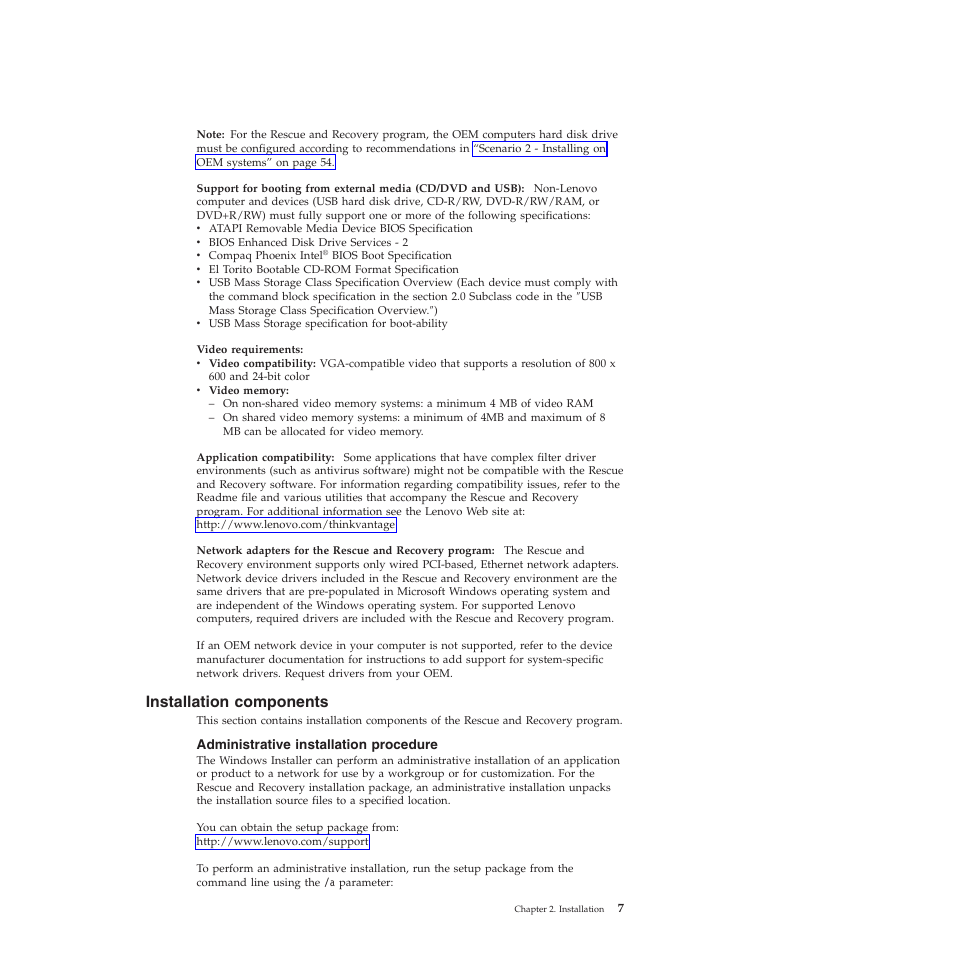 Installation components, Administrative installation procedure | Lenovo ThinkVantage Rescue and Recovery 4.3 (Deployment Guide) User Manual | Page 15 / 96