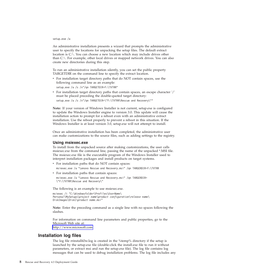 Using msiexec.exe, Installation log files | Lenovo ThinkVantage Rescue and Recovery 4.3 (Deployment Guide) User Manual | Page 16 / 96