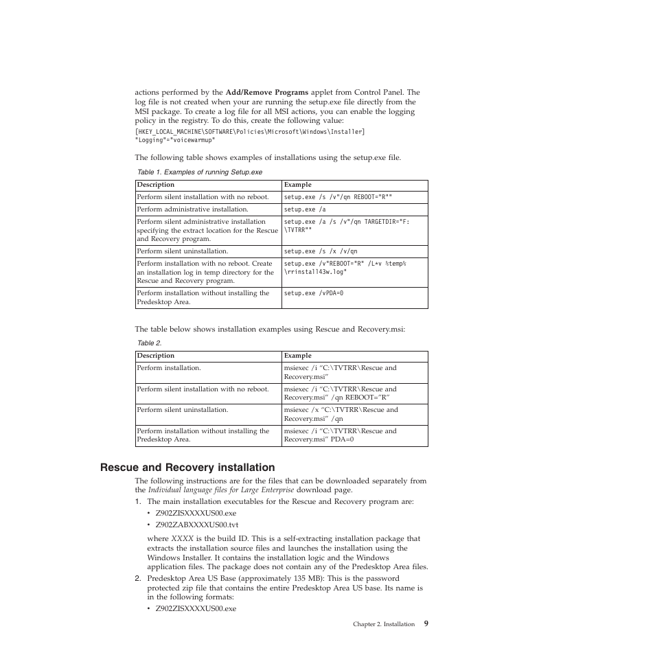 Rescue and recovery installation | Lenovo ThinkVantage Rescue and Recovery 4.3 (Deployment Guide) User Manual | Page 17 / 96