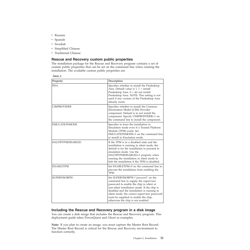 Rescue and recovery custom public properties | Lenovo ThinkVantage Rescue and Recovery 4.3 (Deployment Guide) User Manual | Page 19 / 96