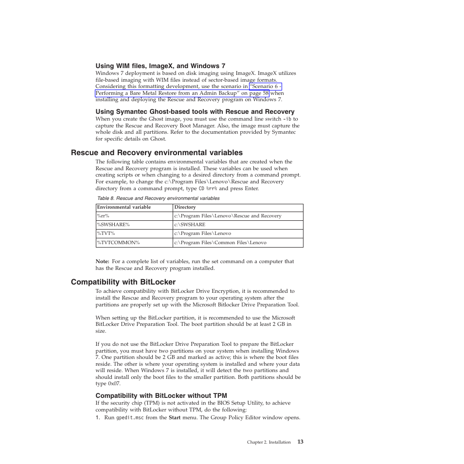 Using wim files, imagex, and windows 7, Rescue and recovery environmental variables, Compatibility with bitlocker | Compatibility with bitlocker without tpm | Lenovo ThinkVantage Rescue and Recovery 4.3 (Deployment Guide) User Manual | Page 21 / 96