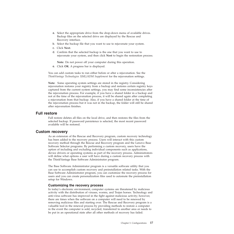 Full restore, Custom recovery, Customizing the recovery process | Lenovo ThinkVantage Rescue and Recovery 4.3 (Deployment Guide) User Manual | Page 25 / 96